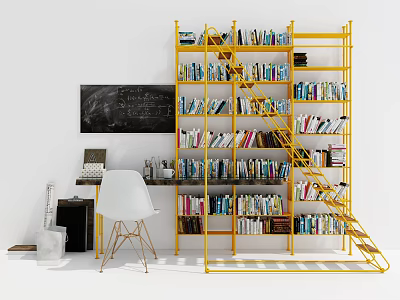 Yellow Modern Bookshelf Filled With Books And Reading Chair Near Chalkboard 3d model