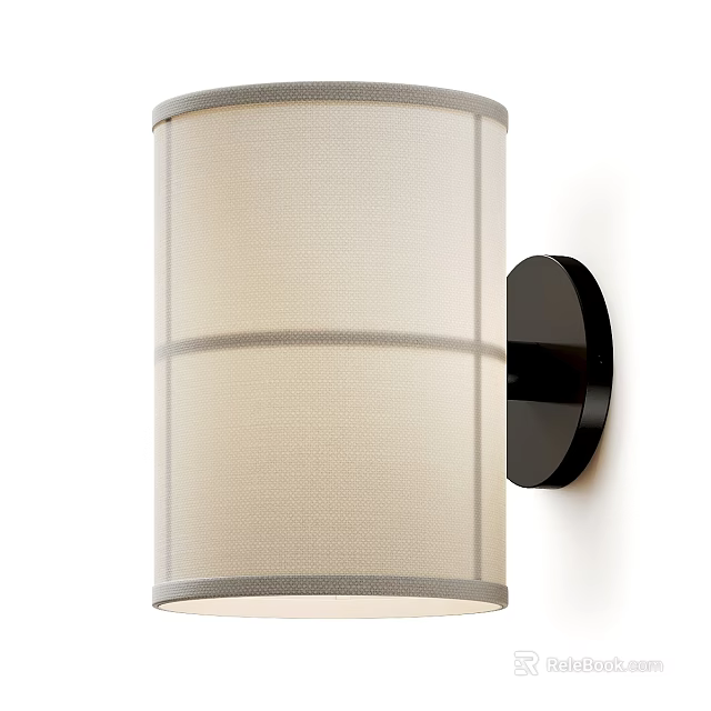 Modern Beige Fabric Wall Lamp With Cylindrical Shade Gray Trim And Black Base 3d model 