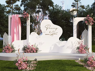 Commercial Wedding Decoration Equipment with White Backdrop Pink Curtains and Floral Decor 3d model