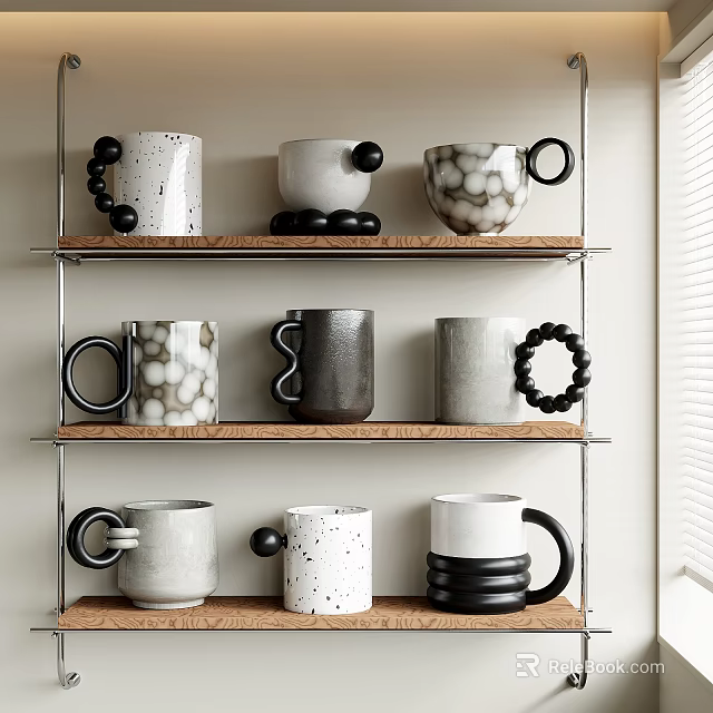 Ceramic Mug Ornament Set With Black White Gray Patterns On Three Tiered Shelves 3d model 
