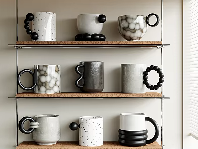 Ceramic Mug Ornament Set With Black White Gray Patterns On Three Tiered Shelves 3d model