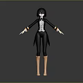 3D Character Model With Black Short Hair Black Coat White Top Brown Boots Open Arms