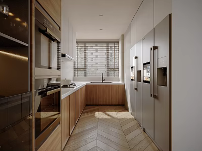 Modern Kitchen Interior With Wooden Cabinets Gray Appliances And Herringbone Wood Flooring 3d model