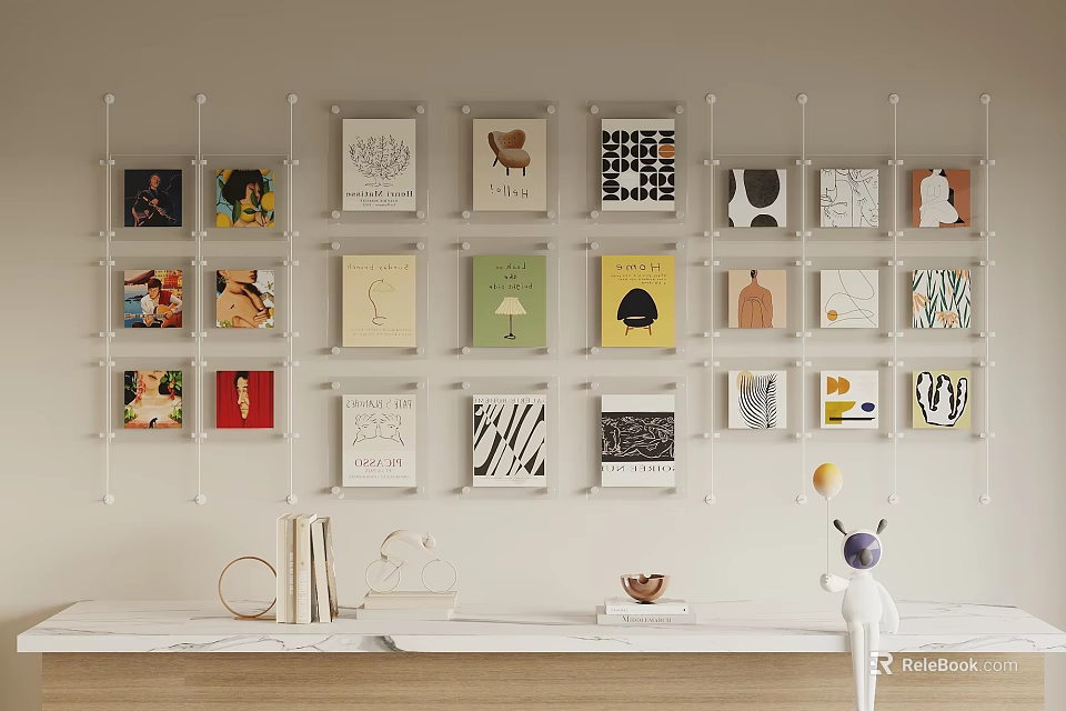 Colorful Wall Art Display with Various Prints on Beige Wall and Light Wooden Table 3d model 