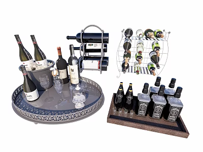 Elegant Wine Bottles And Glasses Display With Wine Rack Ice Bucket And Trays 3d model