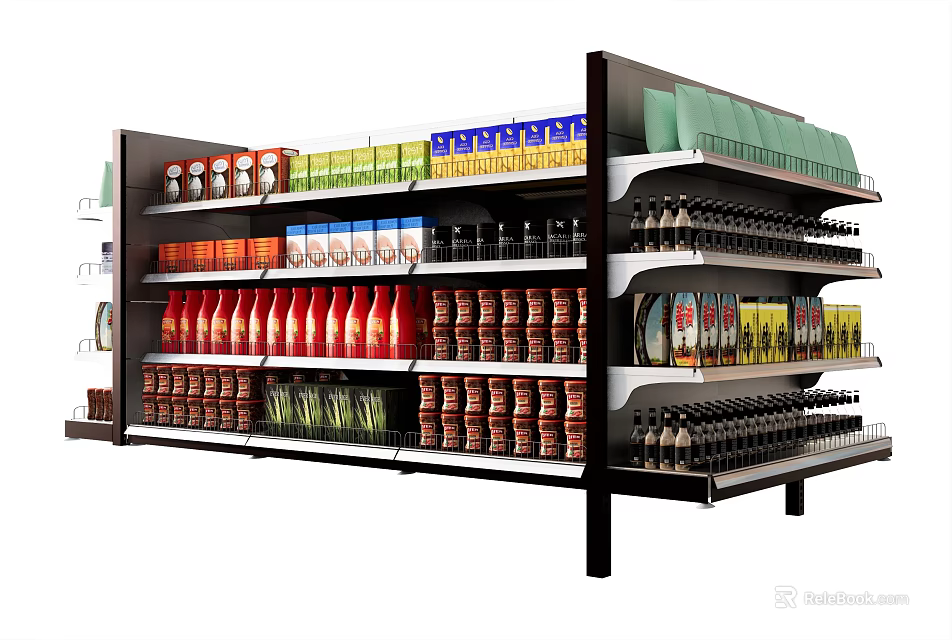 Display Shelving Filled With Various Beverages Canned Goods And Colorful Snacks 3d model 