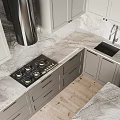 Modern Kitchen Interior With Gray Cabinets Marble Countertops Island And Wine Storage