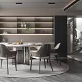Modern Restaurant Interior With Round Dining Table Gray Chairs Open Shelves And Large Window 3d model