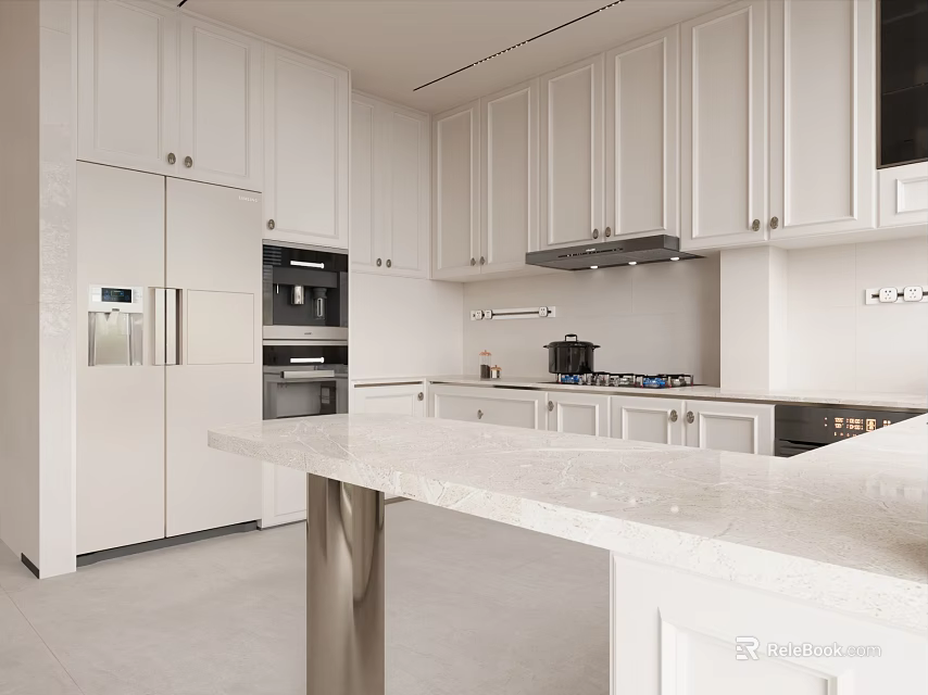 Modern Kitchen Interior With Central Island White Cabinets Marble Countertops And Stainless Steel Appliances 3d model 