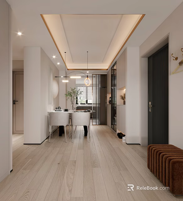 Modern Restaurant Interior With Open Dining Space Pendant Lights Light Wooden Floor And White Walls 3d model 