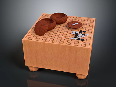 Traditional Wooden Go Board Setup With Stone Pieces Bowls And Small Dish 3d model