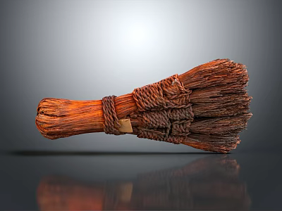 Handmade Brown Broom With Woven Handle And Natural Bristles On Gray Smooth Surface With Reflection 3d model