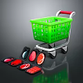 Green Shopping Cart With Red Handle And Various Colored Meat Pieces On Black Tray