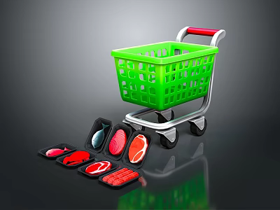 Green Shopping Cart With Red Handle And Various Colored Meat Pieces On Black Tray 3d model