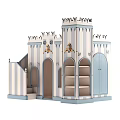 Colorful Castle Shaped Play Equipment With Blue White Striped Towers Arches Windows And Stairs