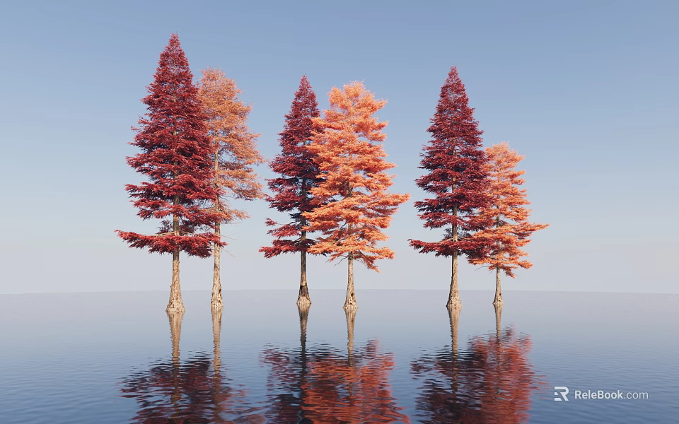 Trees with Slender Trunks and Red Orange Leaves Against Blue Sky and Water Reflections 3d model 