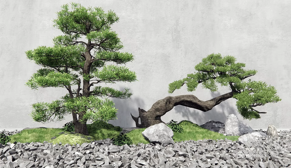 Pine Trees With Straight Trunk And Curved Branch By Gray Wall With Grass Stones Gravel 3d model 