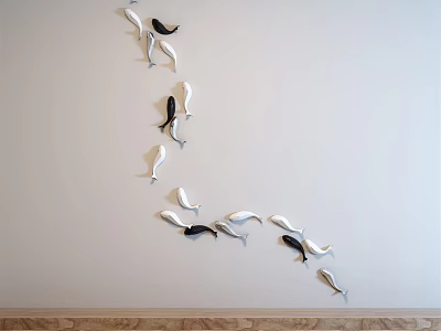 Modern Black And White Fish Shaped Wall Decor Arranged In Curved Line On White Wall 3d model