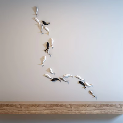 Modern Black And White Fish Shaped Wall Decor Arranged In Curved Line On White Wall 3d model