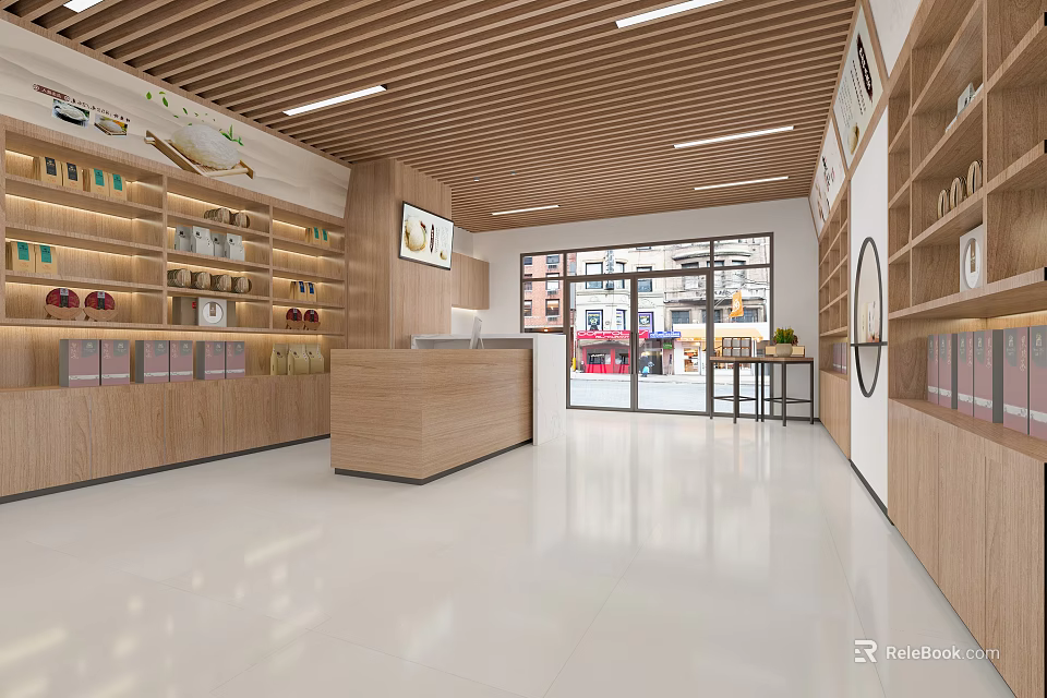 Modern Supermarket General Merchandise Store With Wooden Shelves Bright Lighting And Checkout Counter 3d model 