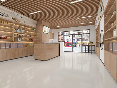 Modern Supermarket General Merchandise Store With Wooden Shelves Bright Lighting And Checkout Counter 3d model