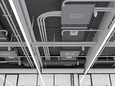 Modern Office Ceiling Design With Exposed Pipes And Lighting Fixtures 3d model