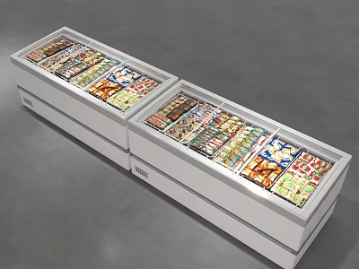Two Side by Side Commercial Freezers Filled with Colorful Frozen Food Packages 3d model