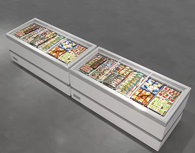 Two Side by Side Commercial Freezers Filled with Colorful Frozen Food Packages 3d model