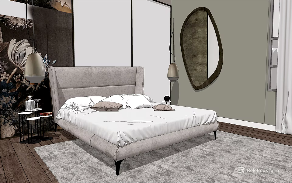 Modern Double Bed With Gray Headboard White Bedding Nightstand Table Lamp And Oval Mirror 3d model 