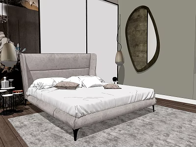 Modern Double Bed With Gray Headboard White Bedding Nightstand Table Lamp And Oval Mirror 3d model