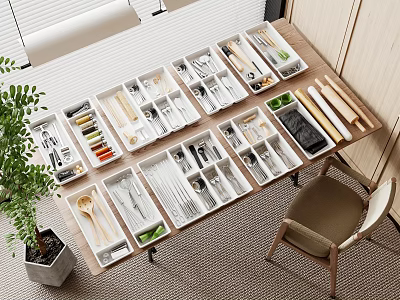 Modern Kitchen Tableware Set Neatly Arranged In Drawer Storage With Spoons Forks Knives 3d model