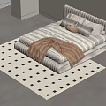 Modern Minimalist Double Bed With Striped Frame Pillows Blanket And Diamond Pattern Rug