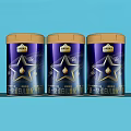 Three Blue and Gold Protein Drink Cans with Star Logo on Blue Background