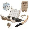 Cute Robot Shaped Doll In Kids Playroom With Wooden Wardrobe Hammock And Building Blocks
