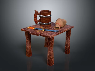 Rustic Wooden Table With Wooden Bucket Clay Pot And Knife On Top 3d model