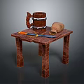Rustic Wooden Table With Wooden Bucket Clay Pot And Knife On Top