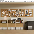 Light Brown Entryway Side Cabinet With Storage Drawers Lamp Printer Books And Corkboard