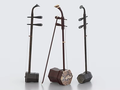 Three Traditional Chinese String Instruments With Artistic Painted Patterns And Varied Wooden Sound Boxes 3d model