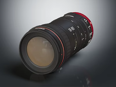 Professional Black Camera Lens With Red Ring And Focal Length Markings For Photography 3d model