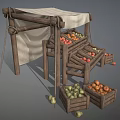Fresh Assorted Fruits Display on Wooden Market Stall with Canvas Awning and Crates