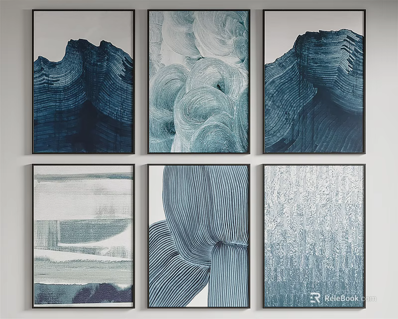 Abstract Paintings Wall Art With Blue White Gray Textured Patterns And Framed Design 3d model