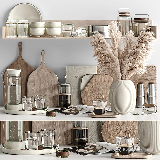 Minimalist Kitchen With Wooden Cutting Boards Glassware And Coffee Tools 3d model 