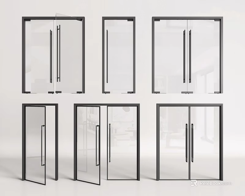 Modern Glass Doors With Black Frames Transparent Panels And Various Styles 3d model