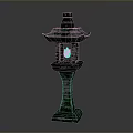 Mossy Traditional Stone Lantern With Purple Light Pagoda Style Roof And Stone Base