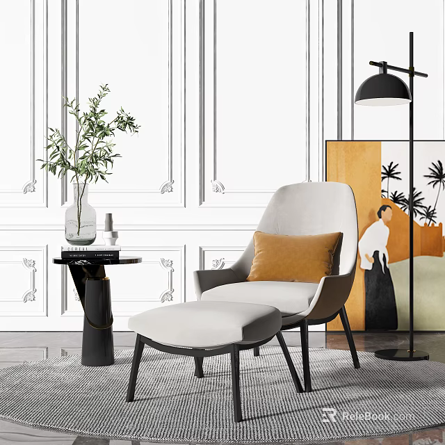 Modern White Single Sofa With Orange Cushion Ottoman Side Table Green Plant And Floor Lamp 3d model 