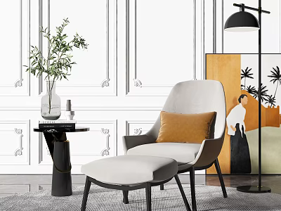 Modern White Single Sofa With Orange Cushion Ottoman Side Table Green Plant And Floor Lamp 3d model