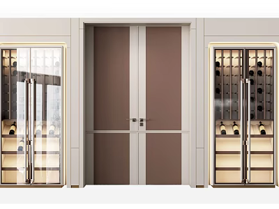 Modern Wine Cabinet Design With Glass Doors LED Lighting And Brown Panel 3d model