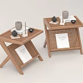 Modern Wooden Side Tables With Tray Top Rattan Panel And Decorative Items