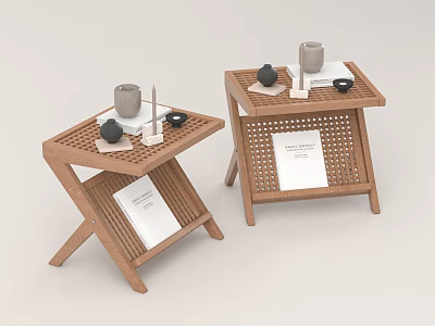 Modern Wooden Side Tables With Tray Top Rattan Panel And Decorative Items 3d model