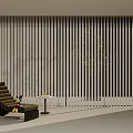 White Vertical Blinds In Modern Interior Featuring Brown Lounge Chair Round Table And Decorative Tree